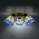 Tiffany Stained Glass Ceiling Light In Pink/Blue/Beige For Bedroom With 3 Conic Heads Blue