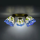 Tiffany Stained Glass Ceiling Light In Pink/Blue/Beige For Bedroom With 3 Conic Heads Blue