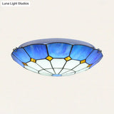 Tiffany Stained Glass Ceiling Light With 3 Bulbs - Blue Bowl Shape For Dining Room