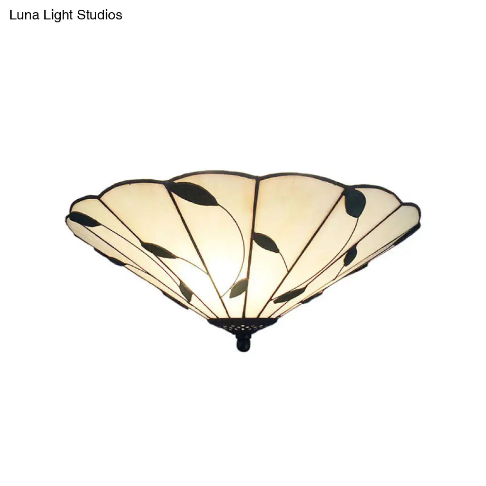 Tiffany Stained Glass Ceiling Light With Geometric Design And Leaf Theme (3 Lights White/Beige