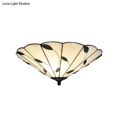 Tiffany Stained Glass Ceiling Light With Geometric Design And Leaf Theme (3 Lights White/Beige