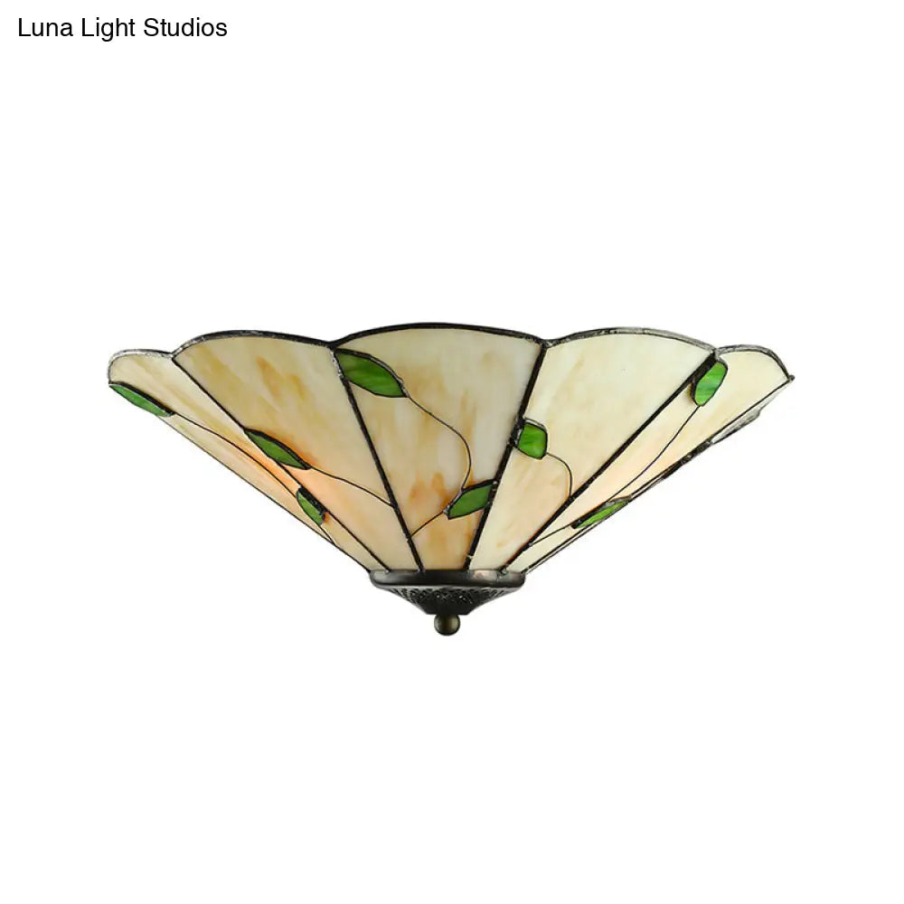 Tiffany Stained Glass Ceiling Light With Geometric Design And Leaf Theme (3 Lights White/Beige