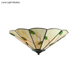 Tiffany Stained Glass Ceiling Light With Geometric Design And Leaf Theme (3 Lights White/Beige