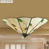 Tiffany Stained Glass Ceiling Light With Geometric Design And Leaf Theme (3 Lights White/Beige