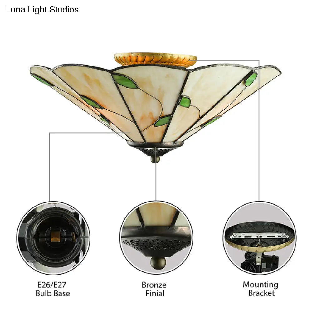 Tiffany Stained Glass Ceiling Light With Geometric Design And Leaf Theme (3 Lights White/Beige