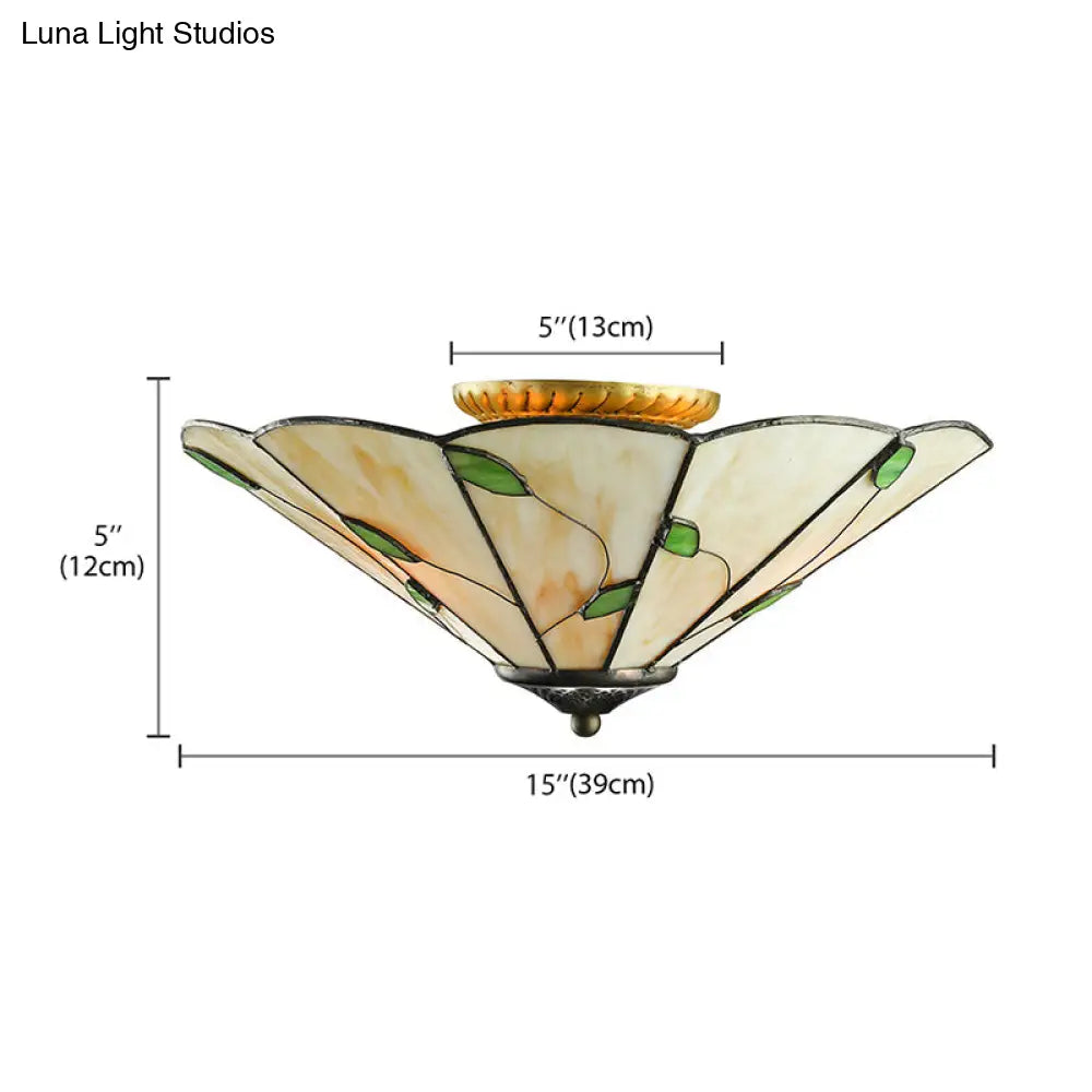 Tiffany Stained Glass Ceiling Light With Geometric Design And Leaf Theme (3 Lights White/Beige