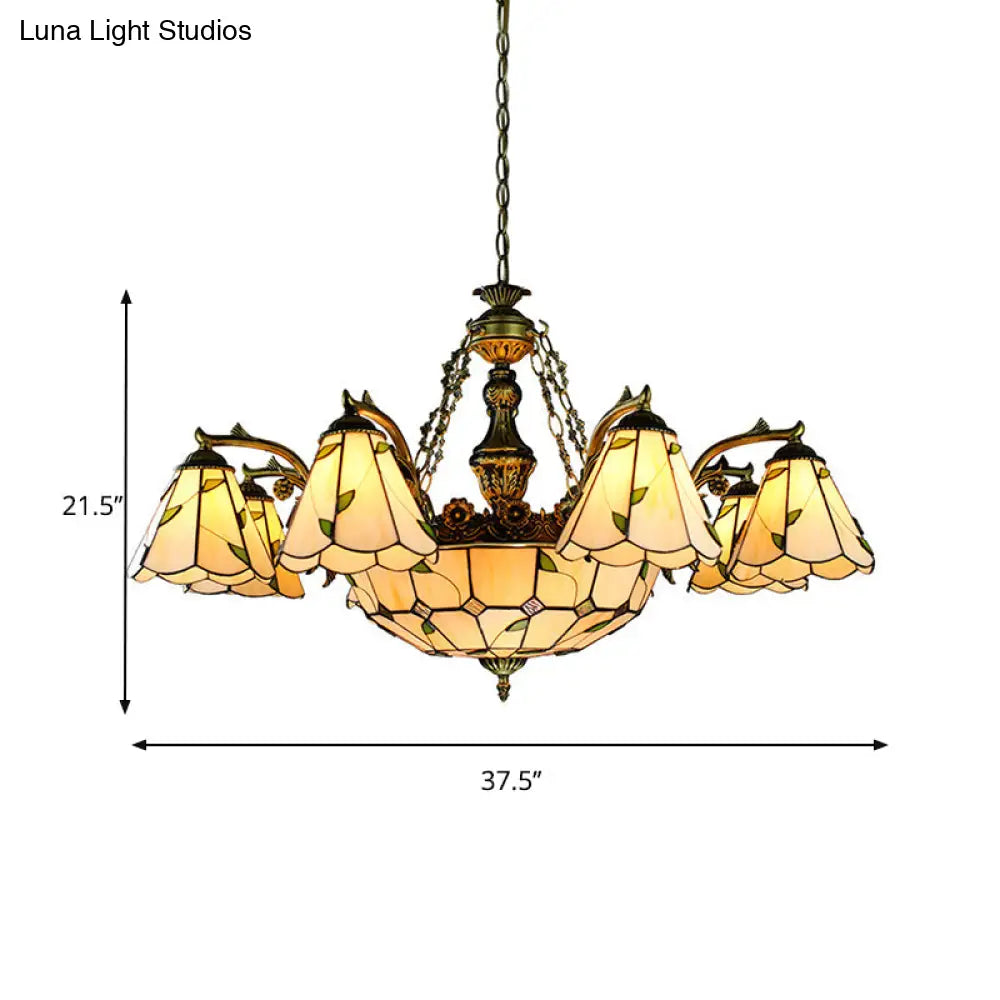 Tiffany Stained Glass Chandelier - 9/11 Lights Beige With Leaf Pattern