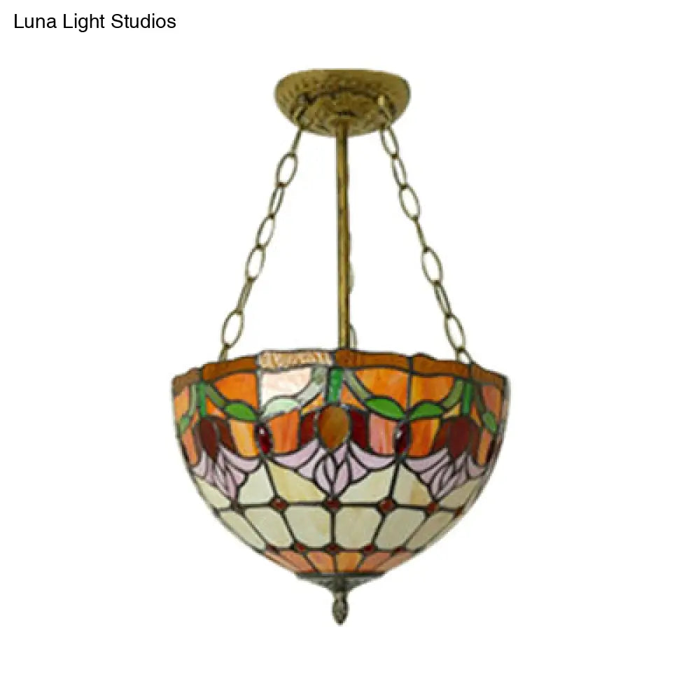 Tiffany Stained Glass Chandelier - Orange Bowl Pendant Light 12’/16’ Width Ideal For Foyer