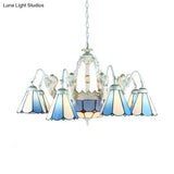 Tiffany Stained Glass Chandelier With Mediterranean Gem And Flower Design - 11-Light White Pendant