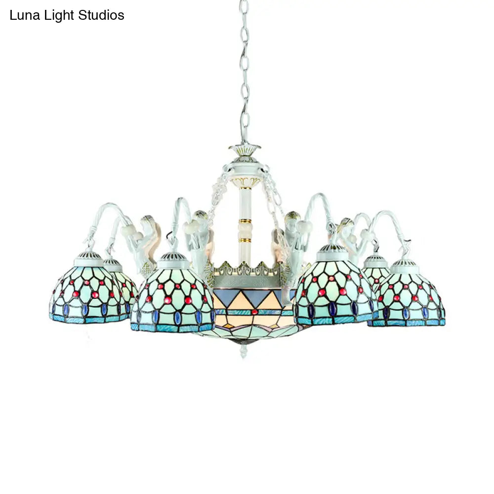 Tiffany Stained Glass Chandelier With Mediterranean Gem And Flower Design - 11-Light White Pendant