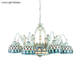 Tiffany Stained Glass Chandelier With Mediterranean Gem And Flower Design - 11-Light White Pendant