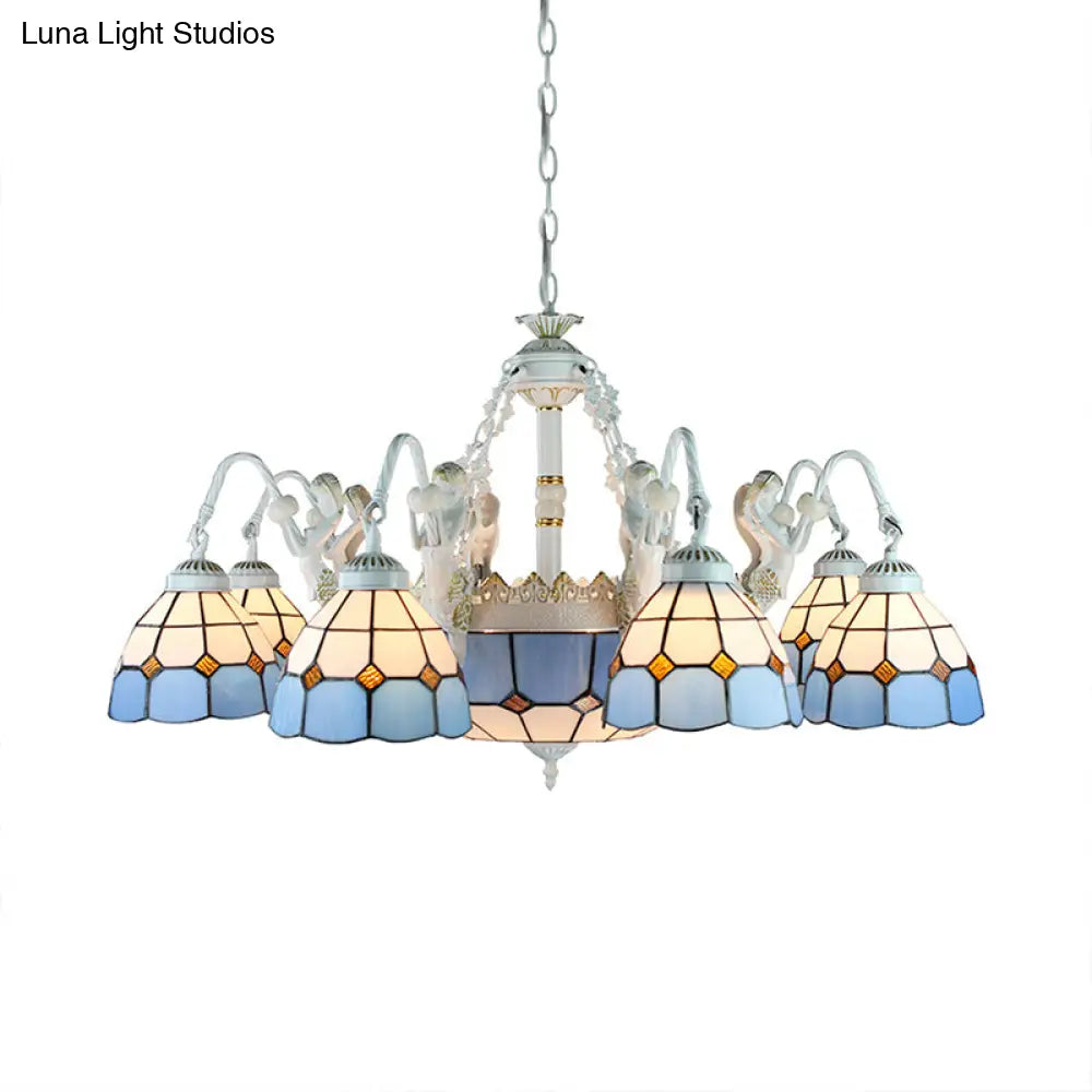 Tiffany Stained Glass Chandelier With Mediterranean Gem And Flower Design - 11-Light White Pendant