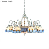 Tiffany Stained Glass Chandelier With Mediterranean Gem And Flower Design - 11-Light White Pendant