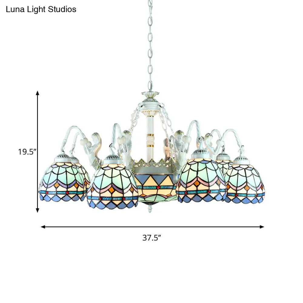 Tiffany Stained Glass Chandelier With Mediterranean Gem And Flower Design - 11-Light White Pendant