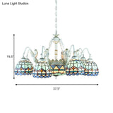 Tiffany Stained Glass Chandelier With Mediterranean Gem And Flower Design - 11-Light White Pendant