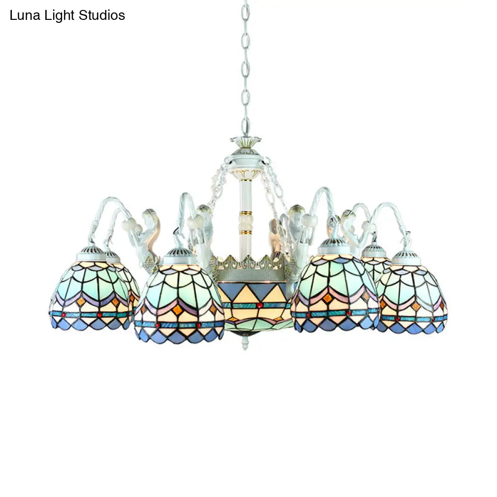 Tiffany Stained Glass Chandelier With Mediterranean Gem And Flower Design - 11-Light White Pendant