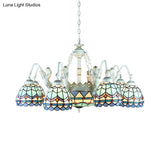 Tiffany Stained Glass Chandelier With Mediterranean Gem And Flower Design - 11-Light White Pendant