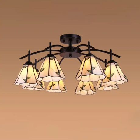 Tiffany Stained Glass Conical Semi Flush Mount Ceiling Light 8 / Green