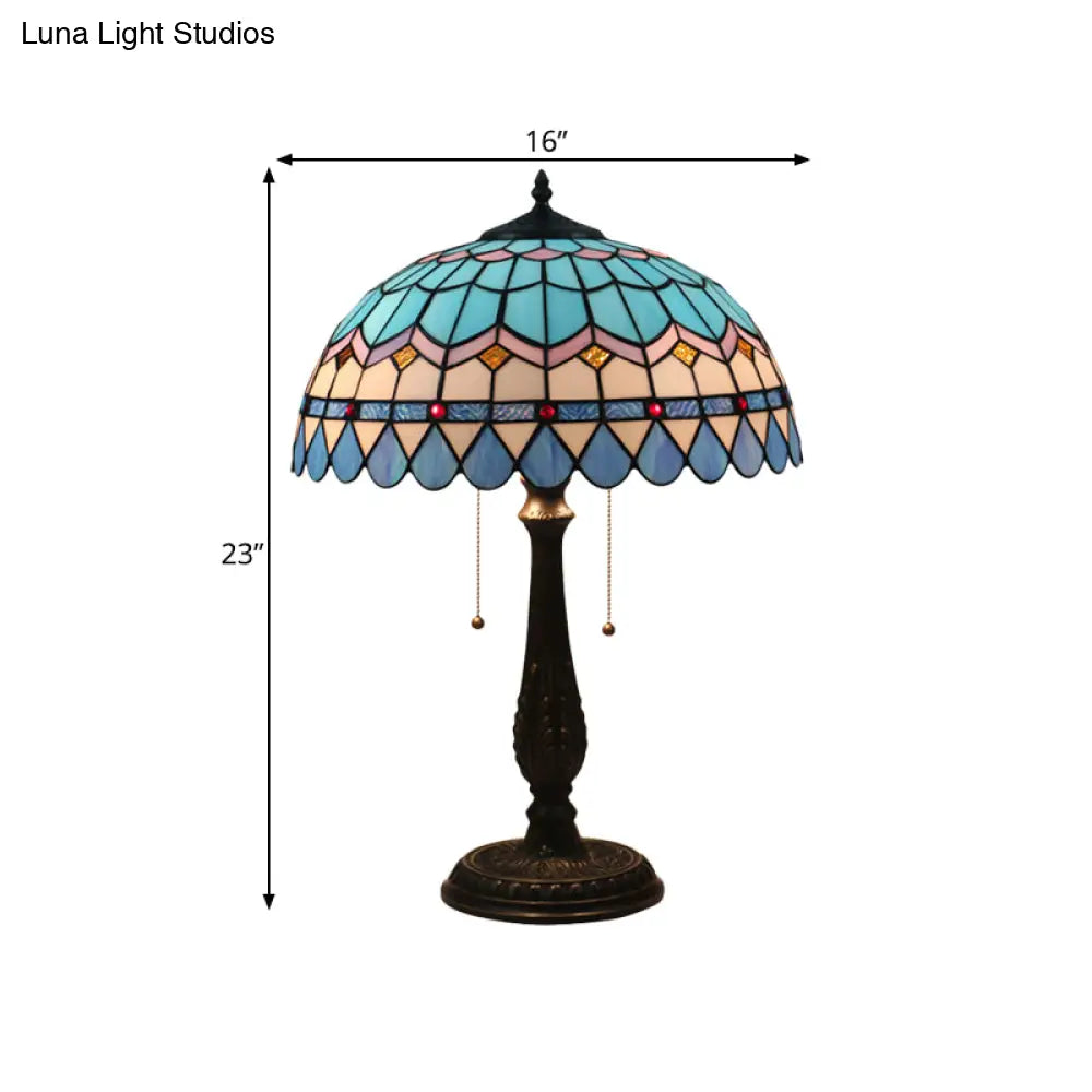 Tiffany Stained Glass Dome Pull Chain Nightstand Lamp - Bronze Finish