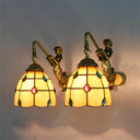 Tiffany Stained Glass Dome Wall Sconce Light With Mermaid Backplate - Yellow/Blue/Clear 2-Head