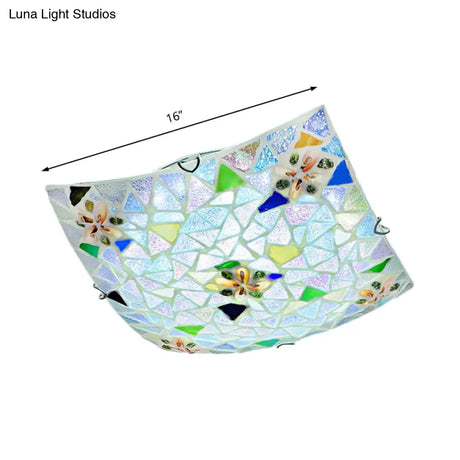 Tiffany Stained Glass Flush Light With Blue/White Convex Design - Perfect For Living Room