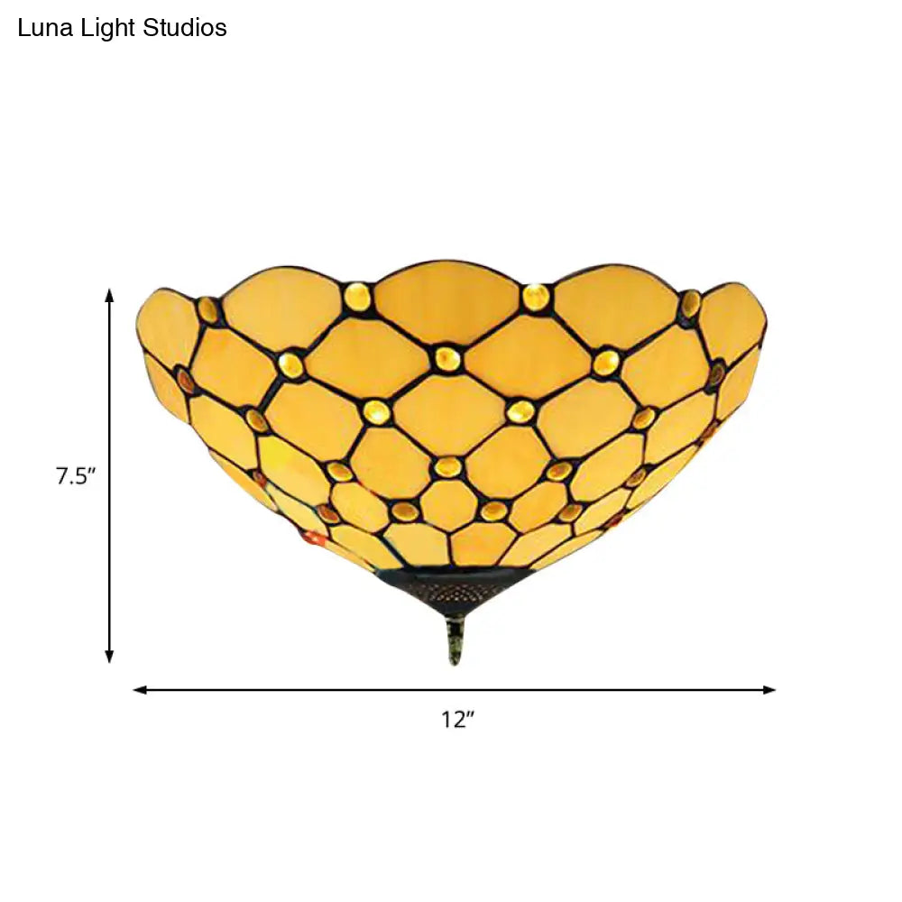 Tiffany Stained Glass Flush Mount Ceiling Light - Bowl Shape 1 Head Yellow Fixture