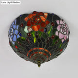 Tiffany Stained Glass Flush Mount Ceiling Light - Multicolored Brass Blossom Fixture 2 Bulb