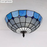 Tiffany Stained Glass Flushmount Light With 2 Beige Clear And Blue Lights For Your Bathroom
