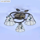 Tiffany Stained Glass Geometric Ceiling Light - Bronze Flushmount With 3 Lights