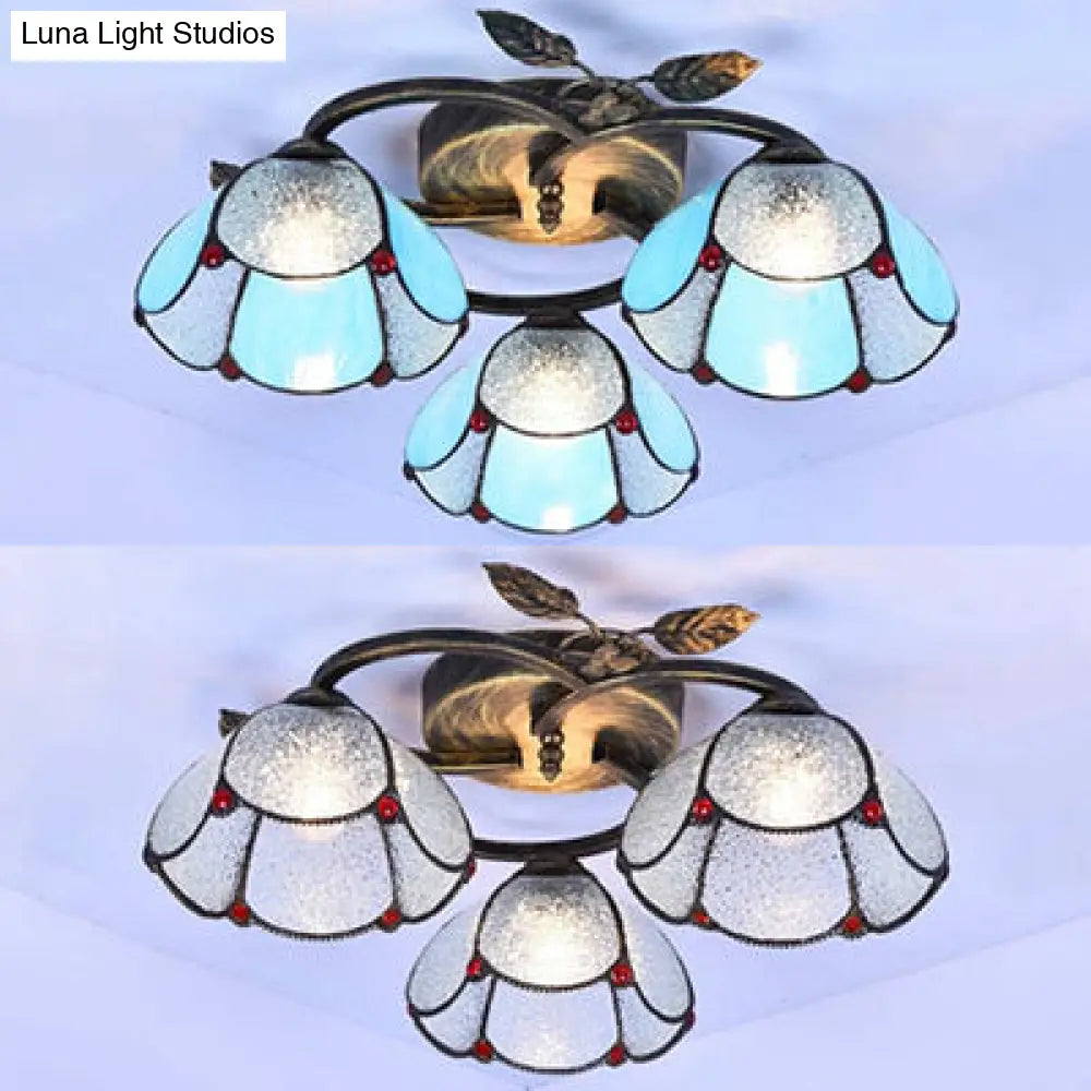 Tiffany Stained Glass Geometric Ceiling Light - Bronze Flushmount With 3 Lights
