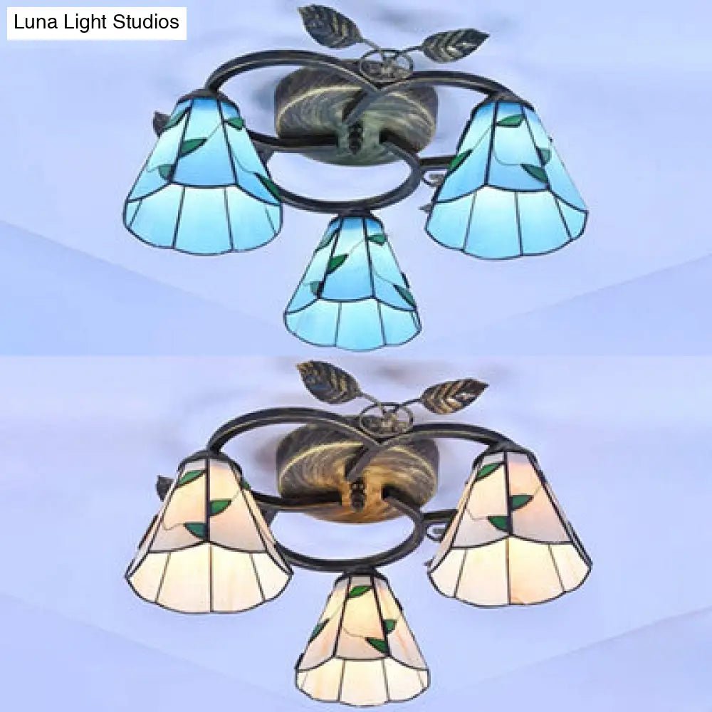 Tiffany Stained Glass Geometric Ceiling Light - Bronze Flushmount With 3 Lights