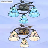 Tiffany Stained Glass Geometric Ceiling Light - Bronze Flushmount With 3 Lights