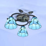 Tiffany Stained Glass Geometric Ceiling Light - Bronze Flushmount With 3 Lights / Blue Leaf