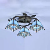 Tiffany Stained Glass Geometric Ceiling Light - Bronze Flushmount With 3 Lights / Mediterranean