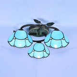 Tiffany Stained Glass Geometric Ceiling Light - Bronze Flushmount With 3 Lights / Sky Blue