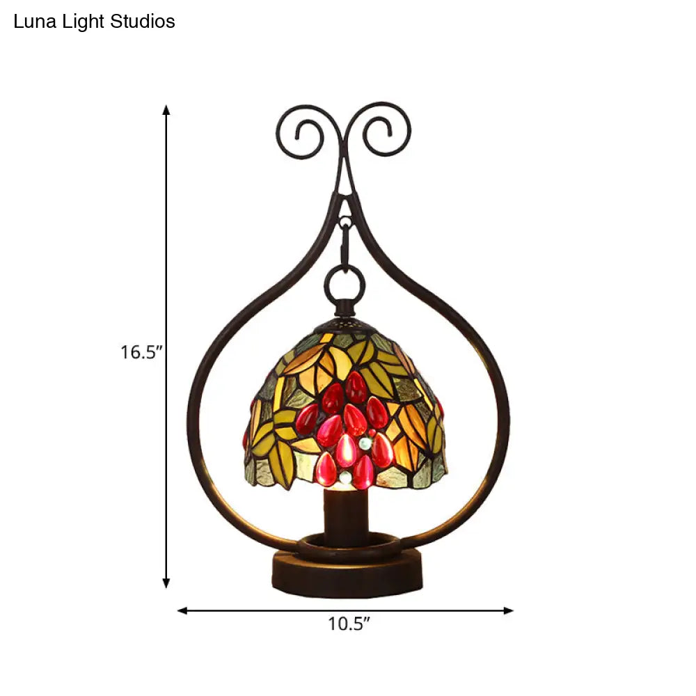 Tiffany Stained Glass Grape Pattern Night Lamp - 1-Light Table Lighting With Bronze Swirl Frame