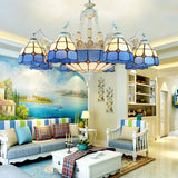 Tiffany Stained Glass Hanging Chandelier - 11 Light Pendant Ceiling With Flower/Square/Diamond/Gem