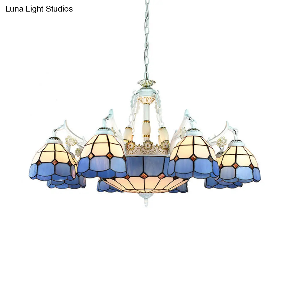 Tiffany Stained Glass Hanging Chandelier - 11 Light Pendant Ceiling With Flower/Square/Diamond/Gem