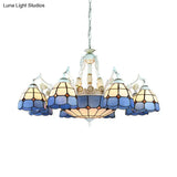 Tiffany Stained Glass Hanging Chandelier - 11 Light Pendant Ceiling With Flower/Square/Diamond/Gem