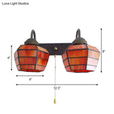 Tiffany Stained Glass Lantern Wall Sconce Light With Pull Chain - 2 Heads Orange Fixture