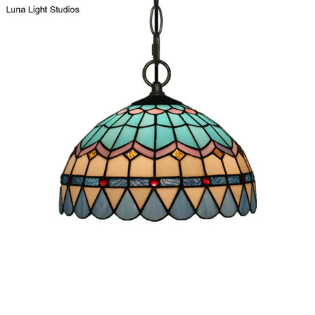 Tiffany Stained Glass Pendant Light - Lattice Bowl Design 1-Light Blue Suspension Lamp For Dining