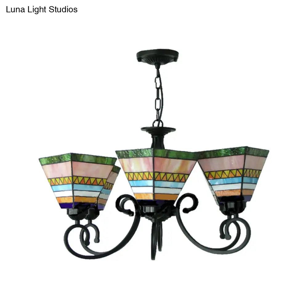 Tiffany Stained Glass Pink Pyramid Pendant Light With 6 Lights - Creative Chandelier For Bedroom