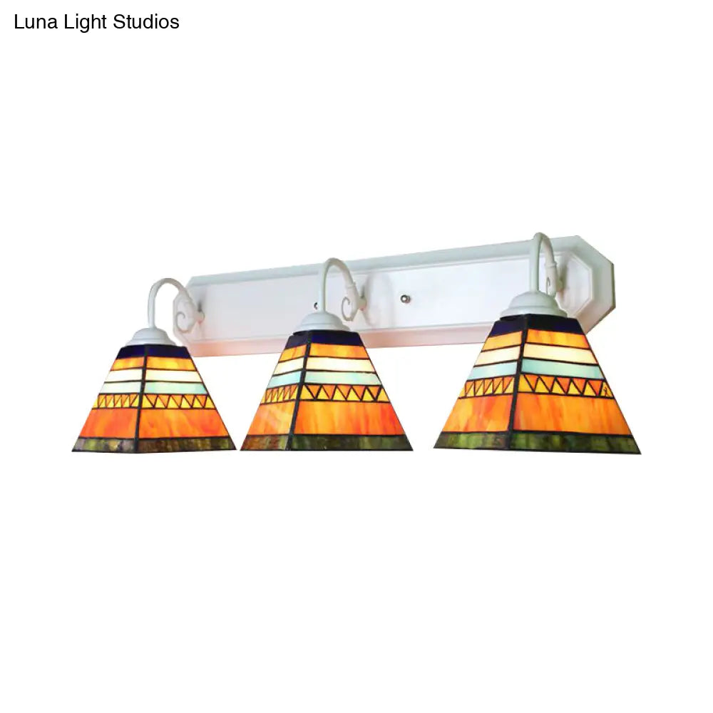 Tiffany Stained Glass Pyramid Sconce With 3 Orange Lamp Heads - Wall Mounted Light Fixture