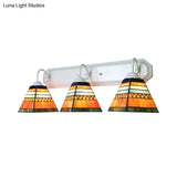 Tiffany Stained Glass Pyramid Sconce With 3 Orange Lamp Heads - Wall Mounted Light Fixture
