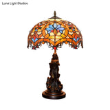 Tiffany Stained Glass Scroll-Trim Scalloped Night Light With Parrot Pattern - Bronze Table Lighting