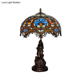 Tiffany Stained Glass Scroll-Trim Scalloped Night Light With Parrot Pattern - Bronze Table Lighting