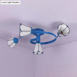 Tiffany Stained Glass Semi-Flush Light With White/Blue Motif - Ideal For Bedroom Ambiance
