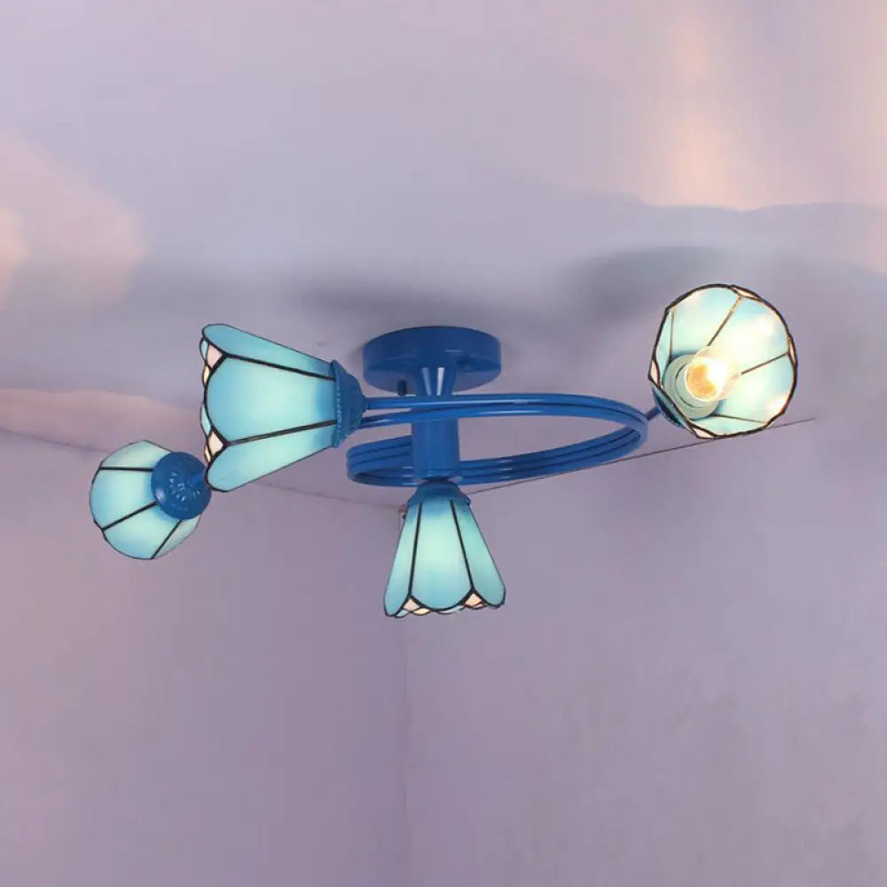 Tiffany Stained Glass Semi-Flush Light With White/Blue Motif - Ideal For Bedroom Ambiance 4 / Blue