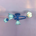 Tiffany Stained Glass Semi-Flush Light With White/Blue Motif - Ideal For Bedroom Ambiance 4 / Blue