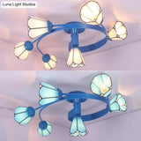 Tiffany Stained Glass Semi-Flush Light With White/Blue Motif - Ideal For Bedroom Ambiance